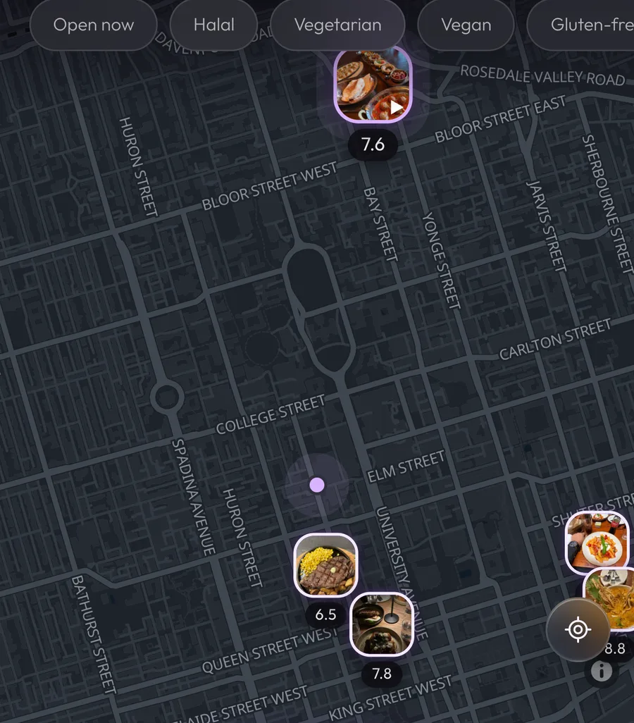 Mirch’s map of downtown Toronto with dishes pinned to the places they were eaten